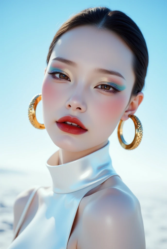 A hyper-detailed, avant-garde facing forward shot photograph featuring a striking woman with pale light skin against a clear, light blue sky. Her nude high-angle mid shot highlights the smooth texture of her flawless complexion. Shimmering metallic eyeshad...