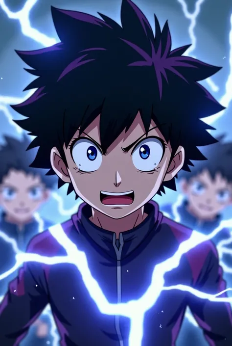 MHA students with lightning quirk dark purple hair middle part and dark blue eyes