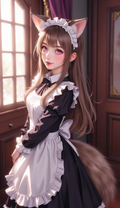 masterpiece, best quality, good quality, very awa, very aesthetic, absurdres, newest, gr4ph1t3, beautiful eyes, perfect eyes, detailed eyes, 1girl, solo, maid, Victorian style maid clothes, full sleeves, long apron, classic, maid mob cap, long brown hair, ...