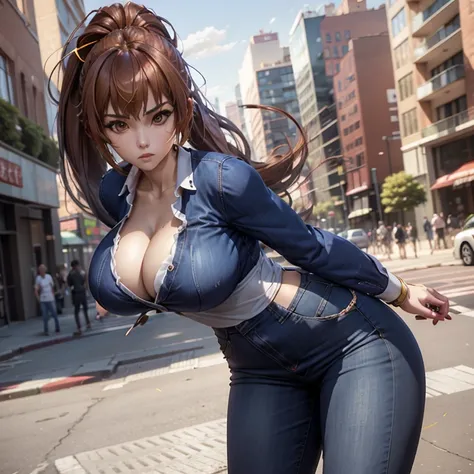 Kasumi (Dead or Aive), Long Copper Brown Hair, Ponytail, Amber Eyes, Height: 164 cm, Breasts: 89 cm, Waist: 54 cm, Hips: 85 cm, casual blouse and jeans, city 