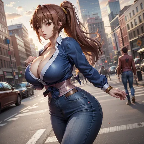 Kasumi (Dead or Aive), Long Copper Brown Hair, Ponytail, Amber Eyes, Height: 164 cm, Breasts: 89 cm, Waist: 54 cm, Hips: 85 cm, casual blouse and jeans, city 