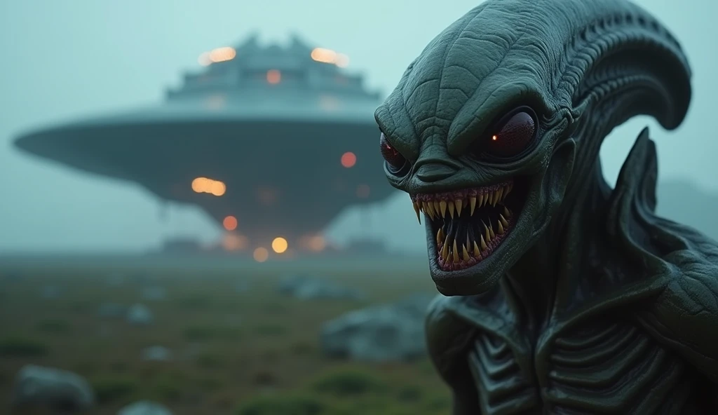 "A terrifying alien creature walking in an open field on Earth, its menacing face captured up close in the frame. The alien has sharp, dangerous teeth, glowing eyes, and slimy, scaly skin with intricate details. Behind the alien, a massive, futuristic spac...