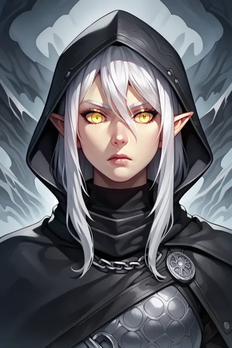 One woman, solo, close-up,mature, anime, female anime character,fantasy,altmer,calm and expressionless, light yellow skin, disheveled white hair, sharp yet balanced face; sharp jaw and chin, almond tilted eyes, yellow eyes, elven ears pointed up, short sha...