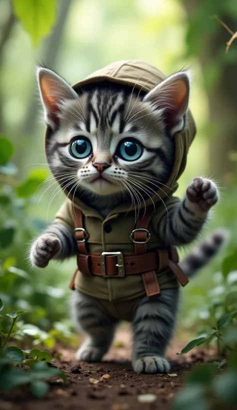 Grey kitten dancing in a hunter costume in the jungle　 big eyes　 blue eyes　 background is blurry 　 HD　