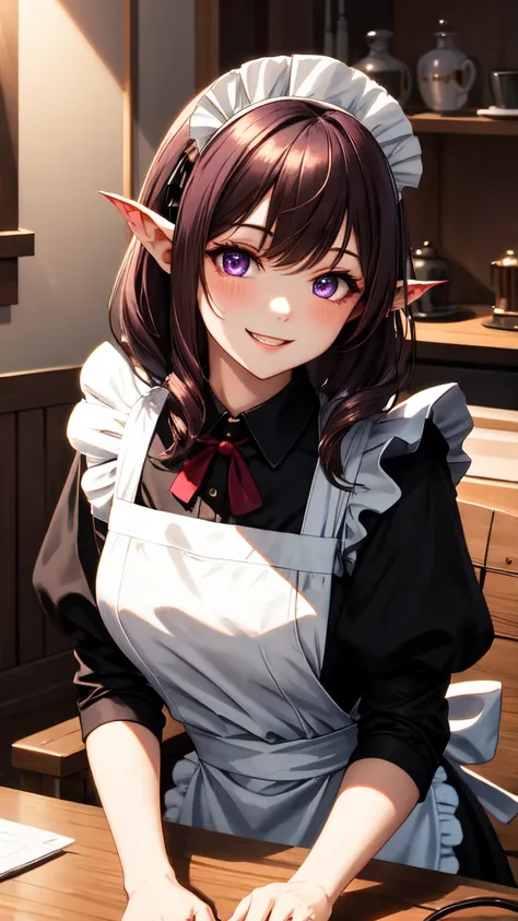 (masterpiece:1.3, best quality:1.3, ultra detailed:1.2, professional lighting:1.2, high resolution:1.2, sharp focus:1.2, 8k wallpaper:1.1)
(beautiful girl:1.3, maid:1.3, demon girl:1.2, succubus features:1.2)
BREAK (purple brown hair:1.2, medium length hai...