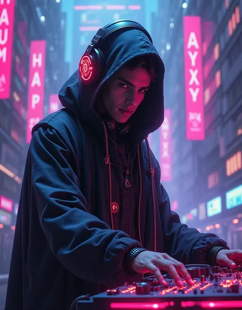 Israeli cyberpunk DJ, wizard,  headphone , bright eyes, Psytrance, Neon colors, 