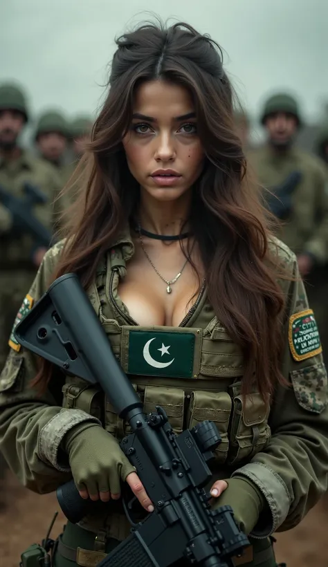 Beautiful brunette Pakistani army girl, big breasts wearing open chest camouflage military gear with Pakistan flag logo, camouflage plate carrier gear, combat gloves, AR-15, beautiful and moody lighting, best quality, full body portrait, original image, co...