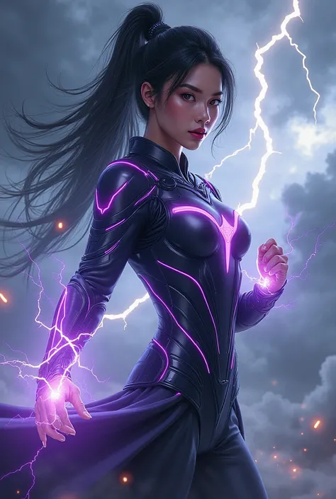 Asian woman, With lightning powers , with modern purple and black superhero clothing