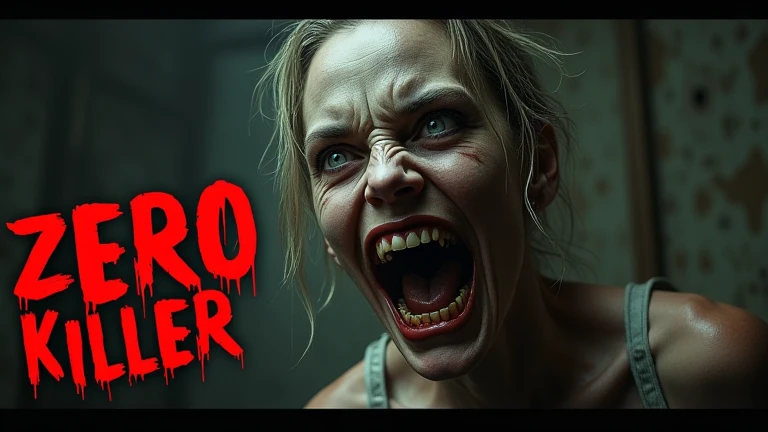 Horror woman with big horrible broken teeths and also write "Zero killer" in red