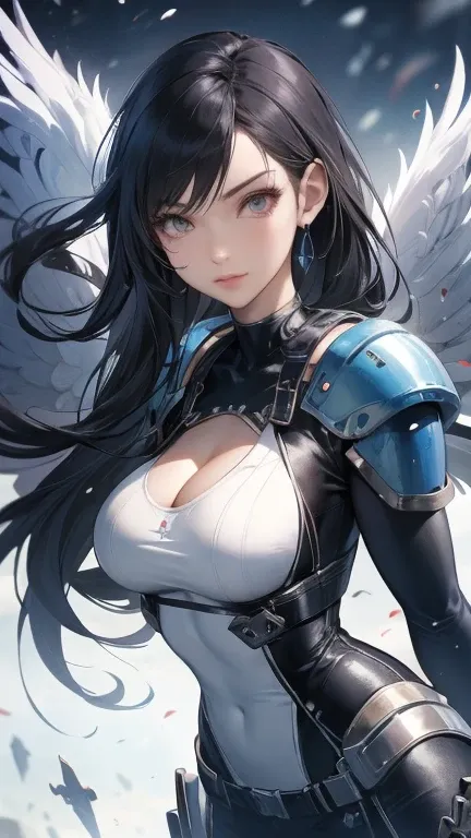  top quality 、 masterpiece、 Ultra HD、 Arad woman wearing futuristic suit，With wings and a sword,  girl in mecha cyber armor , 赛博朋克cartoon女孩机甲, 与有机体混合的cartoon,  Mechanical Valkyrie Girl , 完美的cartoon生化人女性,  cute girl, Female Mecha, Simple futuristic electron...