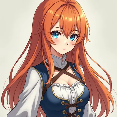 Woman with a wise look,  with her long orange hair matches her blue eyes,  and she usually wears white clothes with details in blue .  In addition to being an excellent warrior , She is a talented seamstress , Medieval style clothes and character. Anime an...