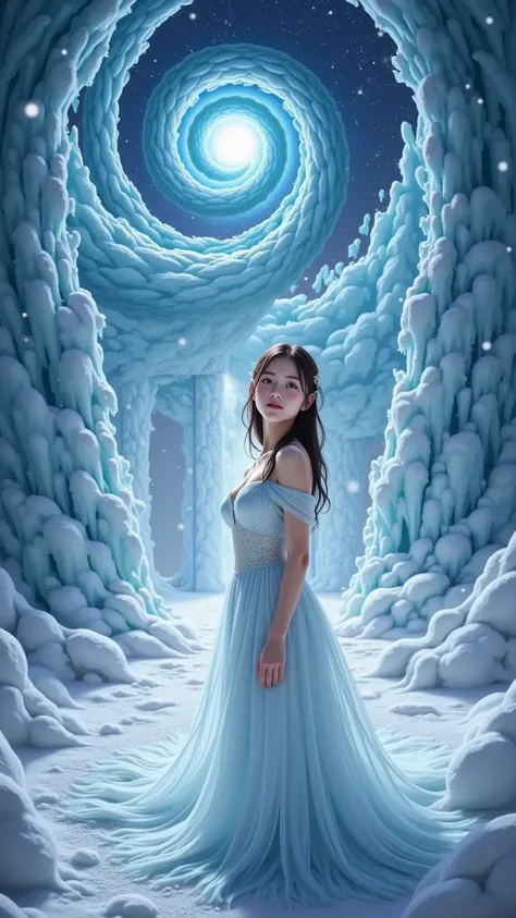 prompt: |
  A young Ice Queen stands at the heart of **Faishi Shrine (The Floating Celestial Ice Palace),** her presence commanding yet gentle.  
  The crystalline palace floats in the twilight sky, its towering ice spires dissolving into mist, reflecting ...