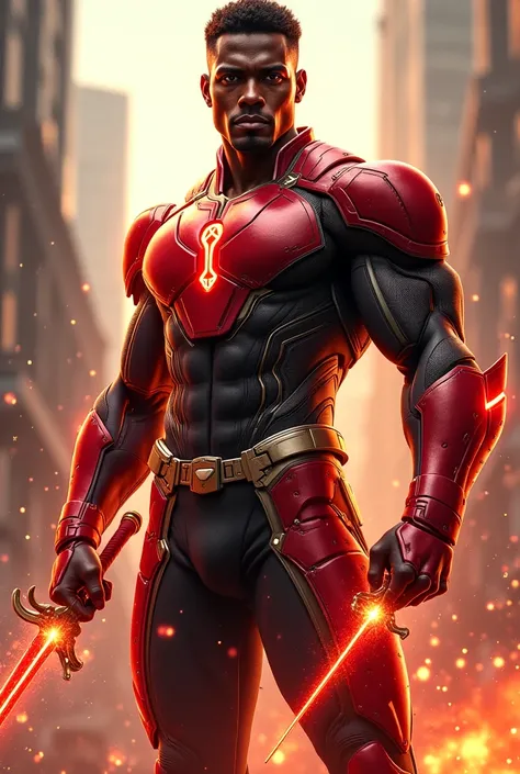  a black man with short hair,  has powers to control metal , Use a sword ,  dressed in red and brown ,  wearing modern superhero clothing 