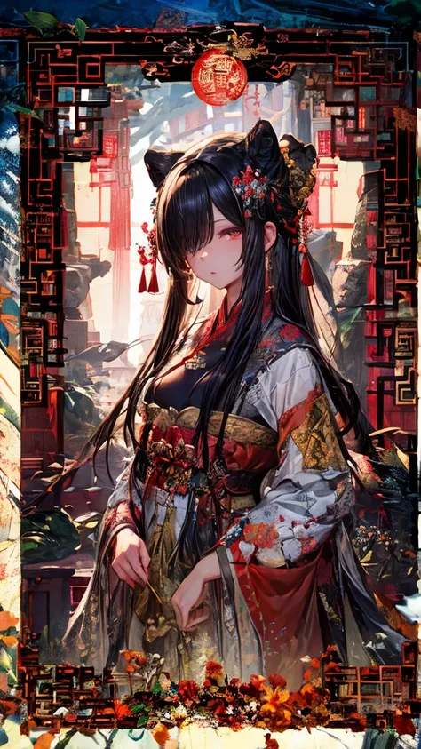  very detailed, Ultra HD, fruits village,An ancient Chinese woman ,'s hair covers one eye , long hair, hairpin, Chest, One eye is covered with hair wearing an ancient mystic robe ,Selfie camera ,artistic,  Cinematography, 