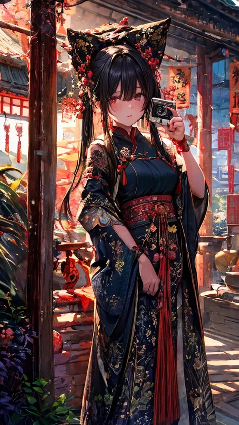  very detailed, Ultra HD, fruits village,An ancient Chinese woman ,'s hair covers one eye , long hair, hairpin, Chest, One eye is covered with hair wearing an ancient mystic robe ,Selfie camera ,artistic,  Cinematography, 