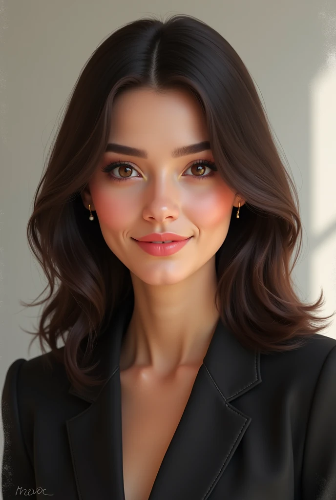 Professional portrait of a brunette woman Clara,  Oval face,  dark brown eyes,  straight hair at shoulder height 