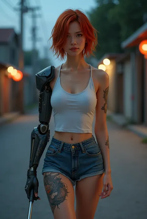 Realistic image of an Asian woman , looking 30 year old ,  daggers with short red hair,  with one of the bionic arms ,  with a discreet red twinkle in her eyes ,  with mysterious looks and discreet smile ,  walking down a deserted street on a clear night, ...