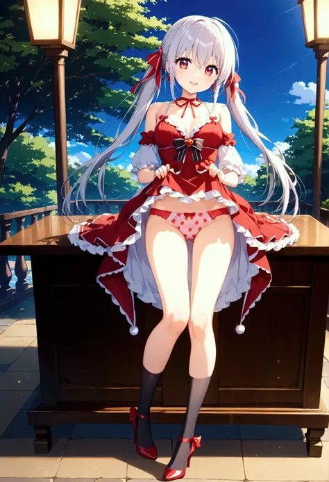  1 girl 、cute anime style 、 beautifully detailed eyes 、 Beautifully Detailed Lips 、 highly detailed faces at a pachinko parlor、 long eyelashes、Cute outfits、Hold the skirt with both hands and lift:1.5)、 black thigh high socks sitting on a wooden desk、 high ...