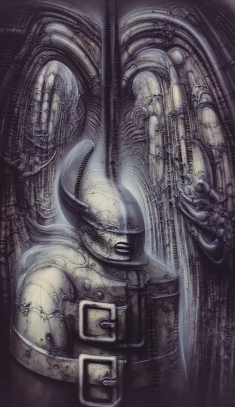 DARK BLACK COLORS, Giger_style, H. R. Giger's g1g3r, , Giger_style, The image is a detailed view of H.R. Giger's \" HRG Aleph \" plate, featuring ( The image depicts intricate, organic-like mechanical structures with a dark, metallic appearance, resembling...