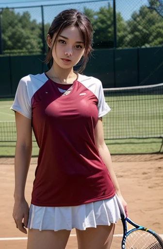 A beautiful short brown-haired woman in tennis clothes 