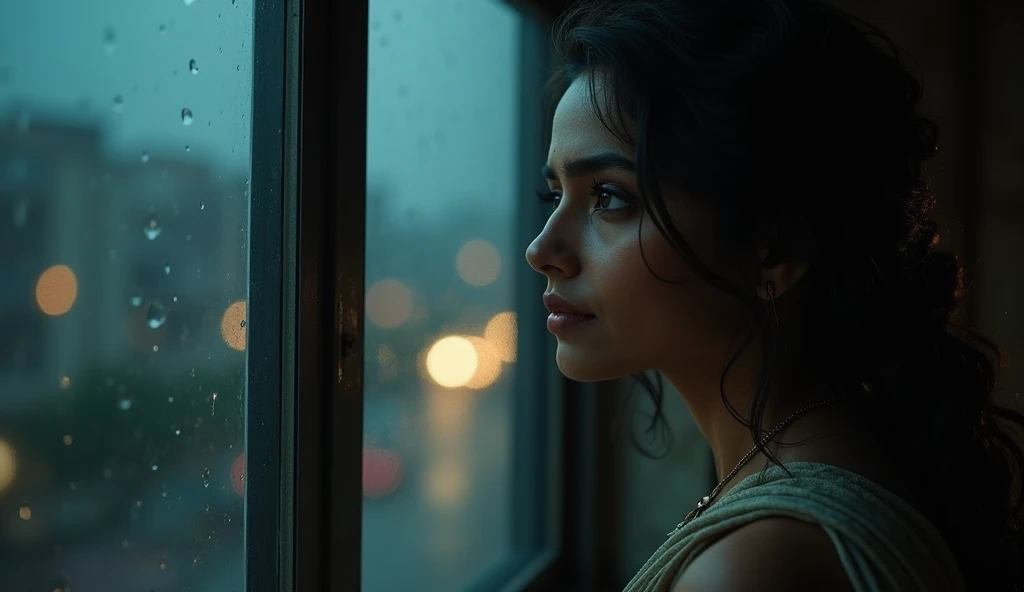 (Heroine with teary eyes, lost in thought, looking out of a rain-streaked window, the dim city lights reflecting on her face. She resembles a Bollywood actress like Deepika Padukone or Alia Bhatt.)