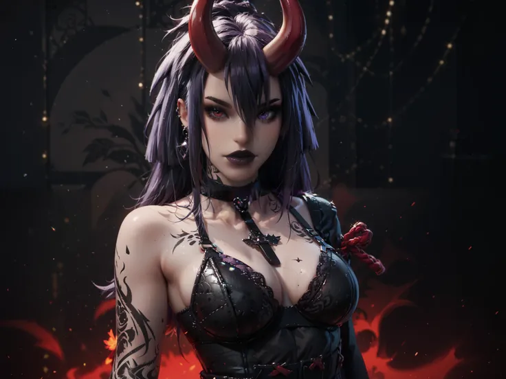 Gothic girl of 19 years old, purple long hair, red horns, third-size breasts, tattoos on her body, perfect figure, dressed in sexy gothic black leather underwear (thong and bra), black tunnel background