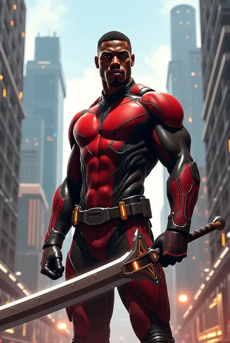  a black man with short hair, Use a sword ,  dressed in red and brown ,  wearing modern superhero clothing 