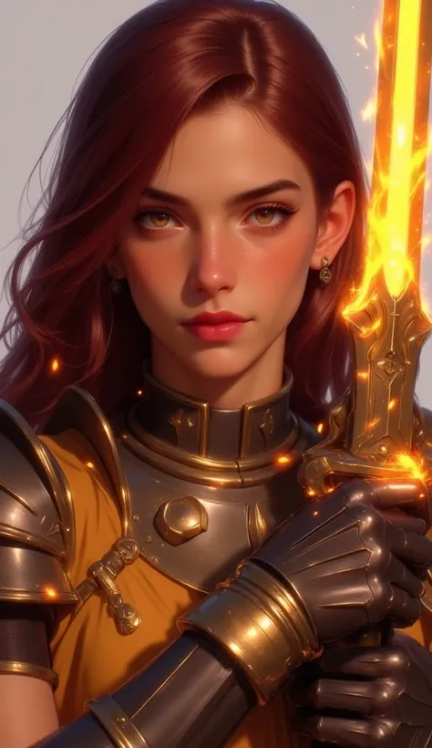 1girl, armor, weapon, sword, solo, holding, holding sword, holding weapon, looking at viewer, gauntlets, freckles, mole, glowing weapon, shoulder armor, flaming weapon, red hair, lips, plate armor, embers, breastplate, signature, flaming sword, mole under ...