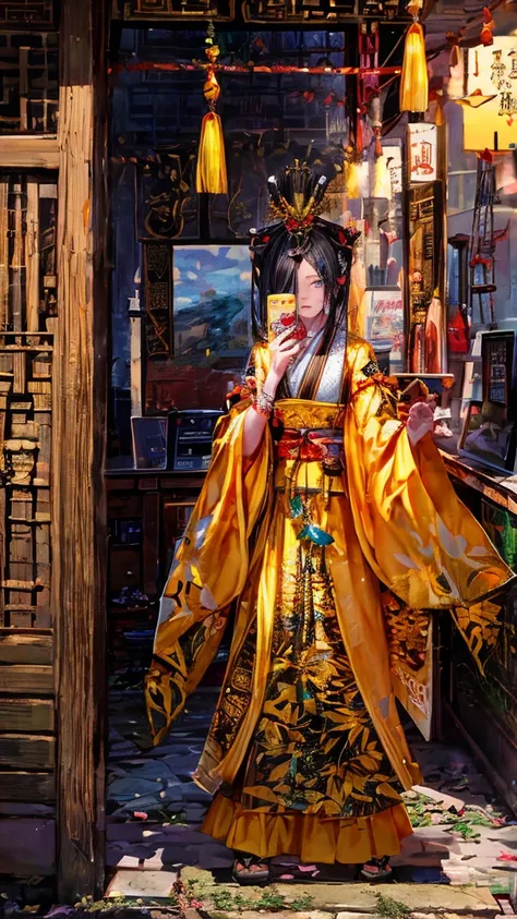  very detailed, Ultra HD, fruits village,An ancient Chinese woman ,'s hair covers one eye , long hair, hairpin, Chest, One eye is covered with hair wearing an ancient mystic robe ,Selfie camera ,artistic,  Cinematography, 