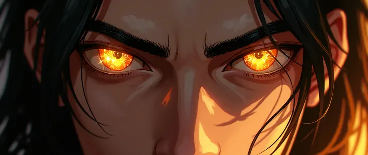 In front of him, close up, are the eyes of a man, golden eyes, sparkling like the sun, long black hair.