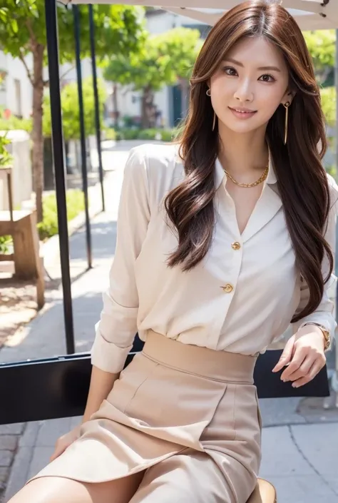  Very Beautiful Japanese Woman , 20 years old, Office Lady Suit（ white silk blouse , Two buttons are missing,  brown hair,  long hair,  wavy hair,  earrings,  Gold Necklaces, big,  soft breasted,  light pink tight skirt,  white heels ）Business district,  r...