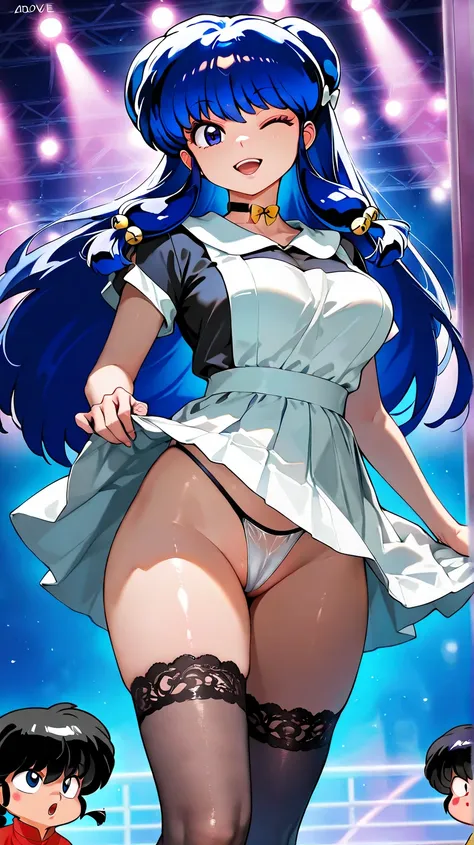 masterpiece, top quality, high resolution, Beautiful and cute (( shampoo ( ranma 1/2)) , open mouth, choker, blue hair, long hair) ,Look forward with your whole body and watch the viewer, semi-realistic, Super Detail, have red cheeks , cinematic blue moon,...