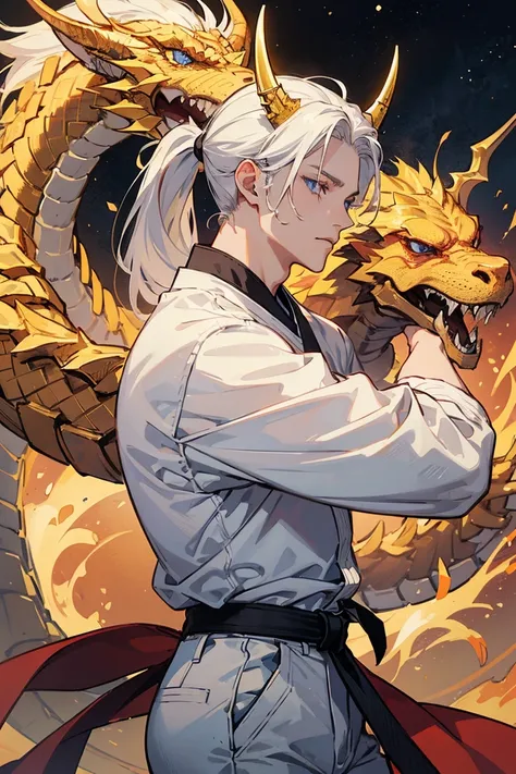 man, blue eyes, white hair, ponytail, white blouse with golden dragon print, white pants with golden print, horns on the side of the face,gold karate belt, dragon features,  anime style cosmic appearance 