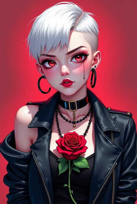 anime style a woman with white buzz cut hair and a rose on her chest, rossdraws 2. 0, rossdraws 1. 0, hyper - goth, rossdraws cartoon vibrant, rossdraws 2. 5, neo goth, gothic horror vibes, goth girl, goth vibe, 1  anime goth girl, gothic - cyberpunk, :: r...