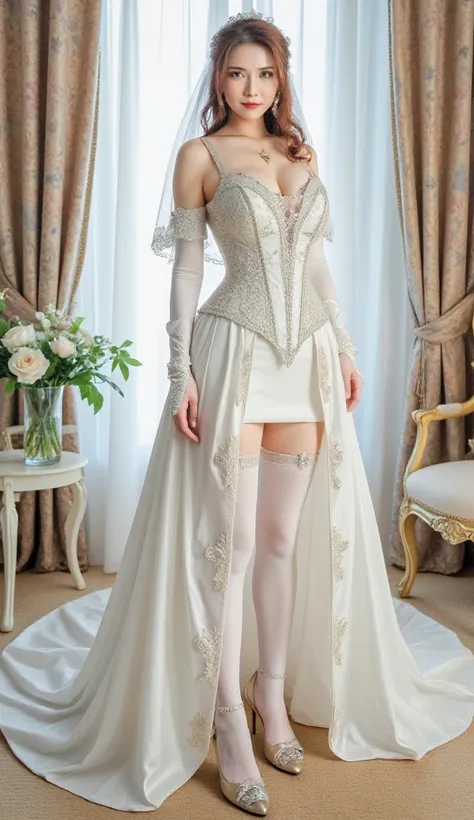 bride, bridal veil, bridal gauntlets, wedding dress, bridal garter, bridal legwear, white thighhighs, stiletto heels,,