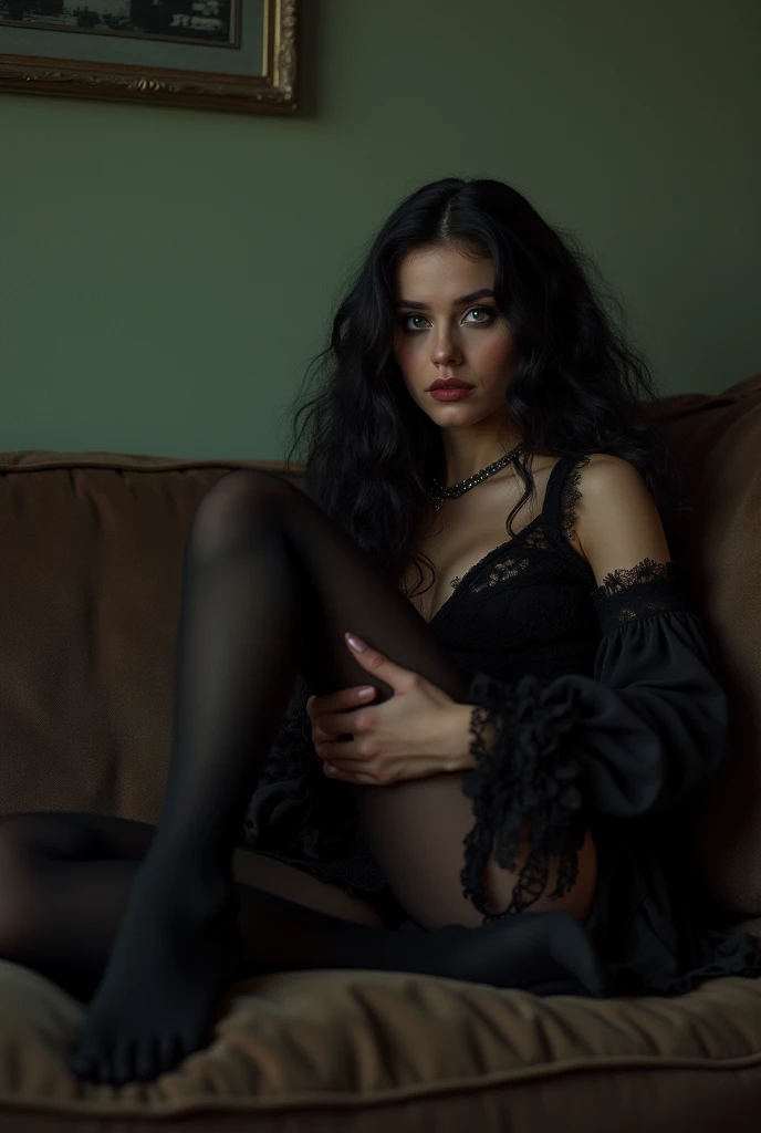 Gothic black girl with wavy black hair,  green eyes ,  and black thigh length stockings sits on the couch at home . under the girl's feet, .  The girl uses it as a footrest. Resting her legs on his face .  Hyperrealism, Photo, 4K