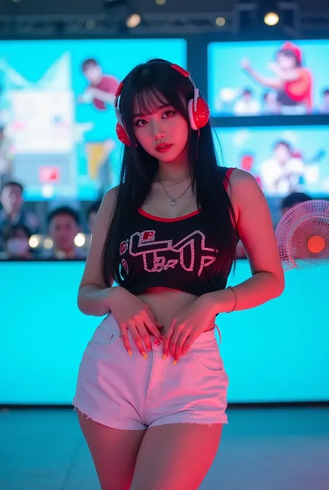 real photo, full body, 1 korean girl, 20 years old, (black hair), curvaceous pinup curvy DD cup voluptuous,  with long black hair, wearing a black and red sports tank top with white shorts.  The top has graphics, including a number and Asian characters.  S...