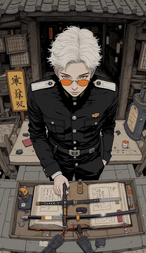 A white-haired young man wearing a black military uniform and round sunglasses with thin orange lenses、shrine、 Put Your Hand in Your Pocket 、On the waist３The Japanese sword in the book with a sword、 watches viewers、Taken from overhead with a fisheye lens