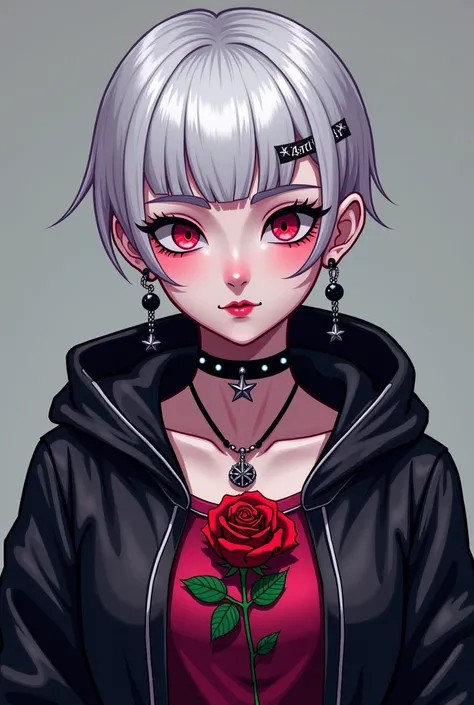 anime style a woman with white buzz cut hair and a rose on her chest, rossdraws 2. 0, rossdraws 1. 0, hyper - dark academia, rossdraws cartoon vibrant, rossdraws 2. 5, neo goth, gothic horror vibes, goth girl, goth vibe, 1  anime goth girl, gothic - cyberp...