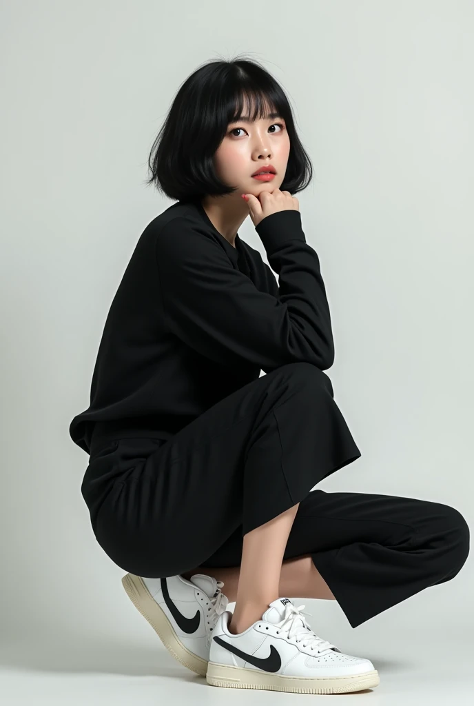 Korean woman with her clothes all black and white Nike shoes with short hair