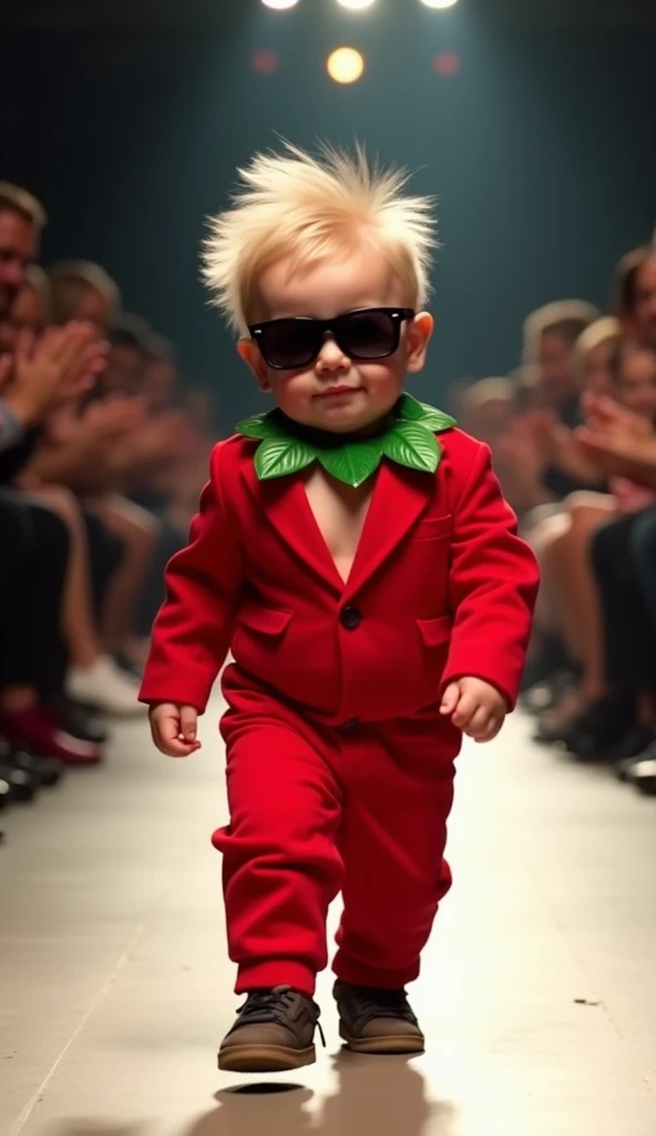 A tiny  British baby boy with spiky blonde hair and fair skin confidently struts down the runway, wearing a bright red apple suit with a green leaf collar. His black sunglasses make him look like a little boss, and he marches forward like a true star.

The...