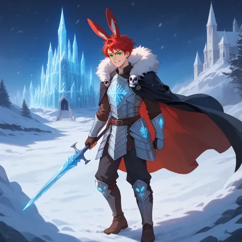 red hair, bunny ears, hour glass figure, glowing
blue and green eyes, skull armor, fur trim
pauldrons, black cape, short white hair, snow, ice,
night, citadel, cruel smile