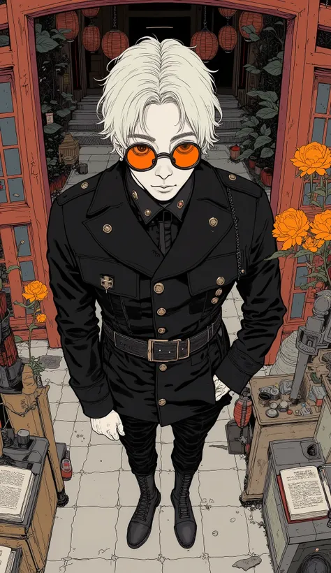 A white-haired young man wearing a black military uniform and round sunglasses with thin orange lenses、shrine、 Put Your Hand in Your Pocket 、On the waist３The Japanese sword in the book with a sword、 watches viewers、Taken from overhead with a fisheye lens