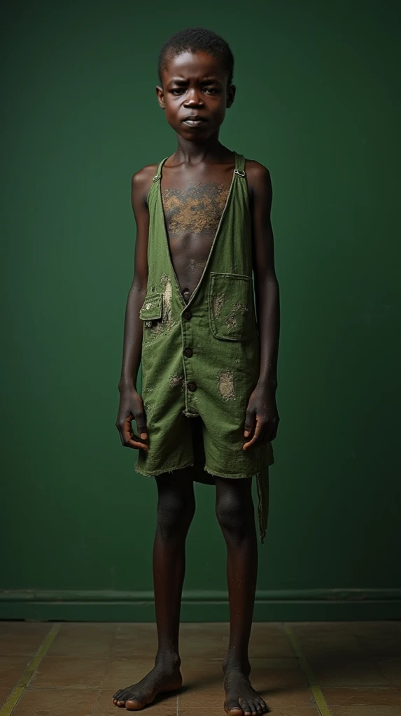 Ota benga, African boy from the year 1803, fifteen years old long left side distance photo, green dressed in extremely tattered and worn-out period clothing, wear green waistcoat stands in an empty room with a solid green background. His entire body is tur...