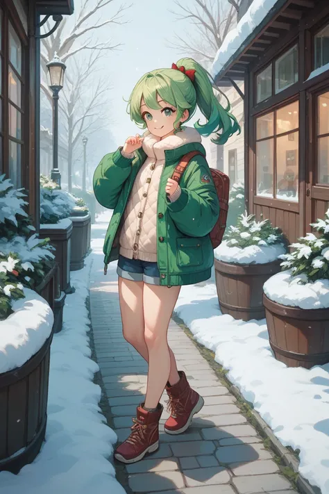  girl with long green hair, green eyes, cute face, ponytail, smiling, full body, standing, winter, open jacket