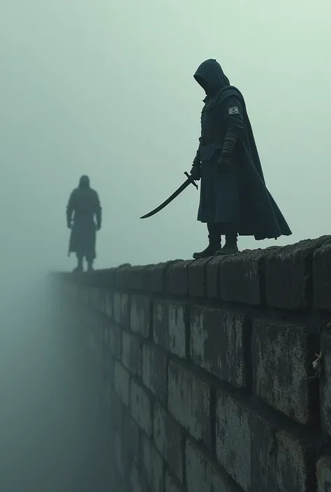 Create me an image of a wall and at the top of the wall is a soldier in hooded military clothing holding one hand, on the same wall next to the soldier who is holding on top of the wall with one hand, He looks at his hand and holds a dagger in his hands 