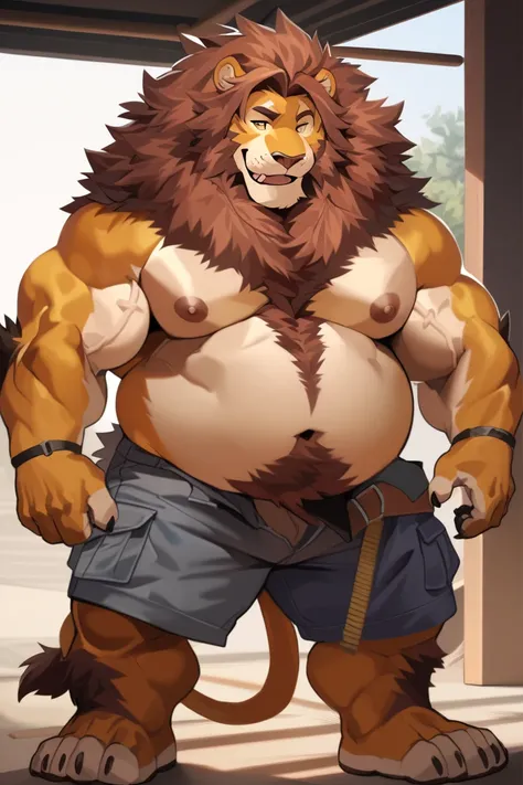 lucusold, lanxus, chubby man wear shorts, (chubby:1.3, fat, fat belly, big belly, musclegut), construction, topless, cargo shorts, standing, furry, an anthro (lion), nipples, an anthto, happy expression, extremely detailed muscle, detailed face, face, deta...