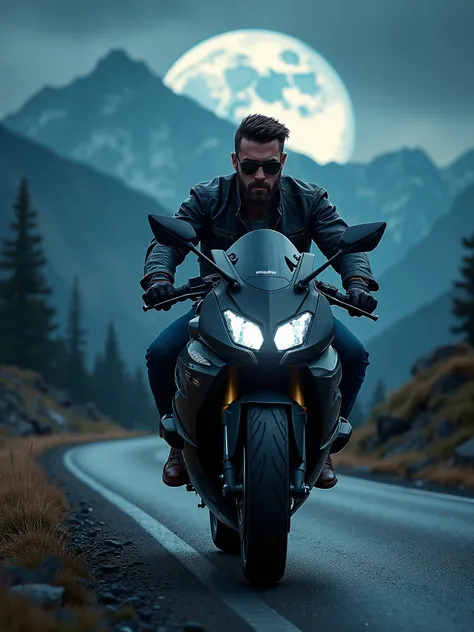 Create the image of a handsome, bearded man wearing a black jacket, jeans, brown leather shoes, wearing black sunglasses. Driving a BMW S1000RR in the middle of the mountains on a full moon night. 