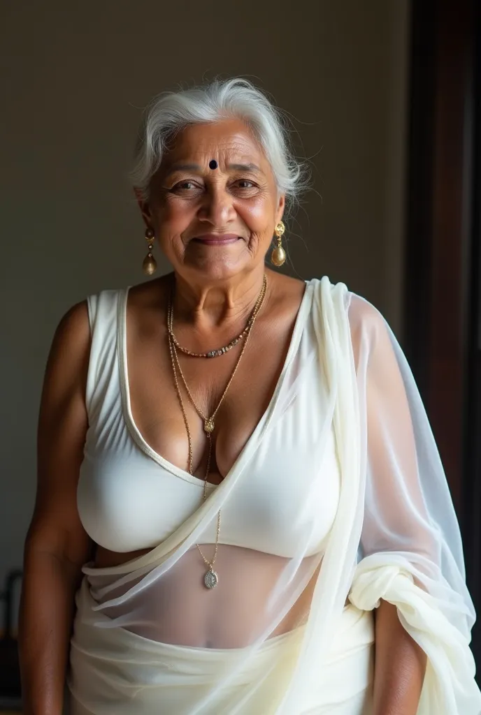 photo of Voluptuous Mature Indian 60 years old Aunty with dusky skin, wearing Transparent white saree and white Sleeveless Blouse, showing her very large U cut Cleavage, Sindoor on her forehead, White Hair Tied behind, bare cleavage, big saggy boobs, very ...