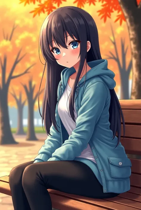 ,  better quality,  18-year-old girl ,  white skin , cabello castaño oscuro y de long hasta la cintura (long),  sky blue eyes, white flannel, light blue jacket,  black pants ,  that I am sitting on a bench, The atmosphere that it's autumnal ,  anime-style 